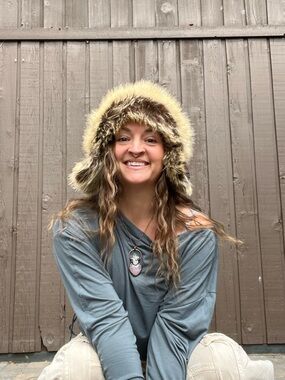 Faux Fur Pom Pom Hat Brown Knit Ear Flap Trapper winter cozy Festival Hat OS